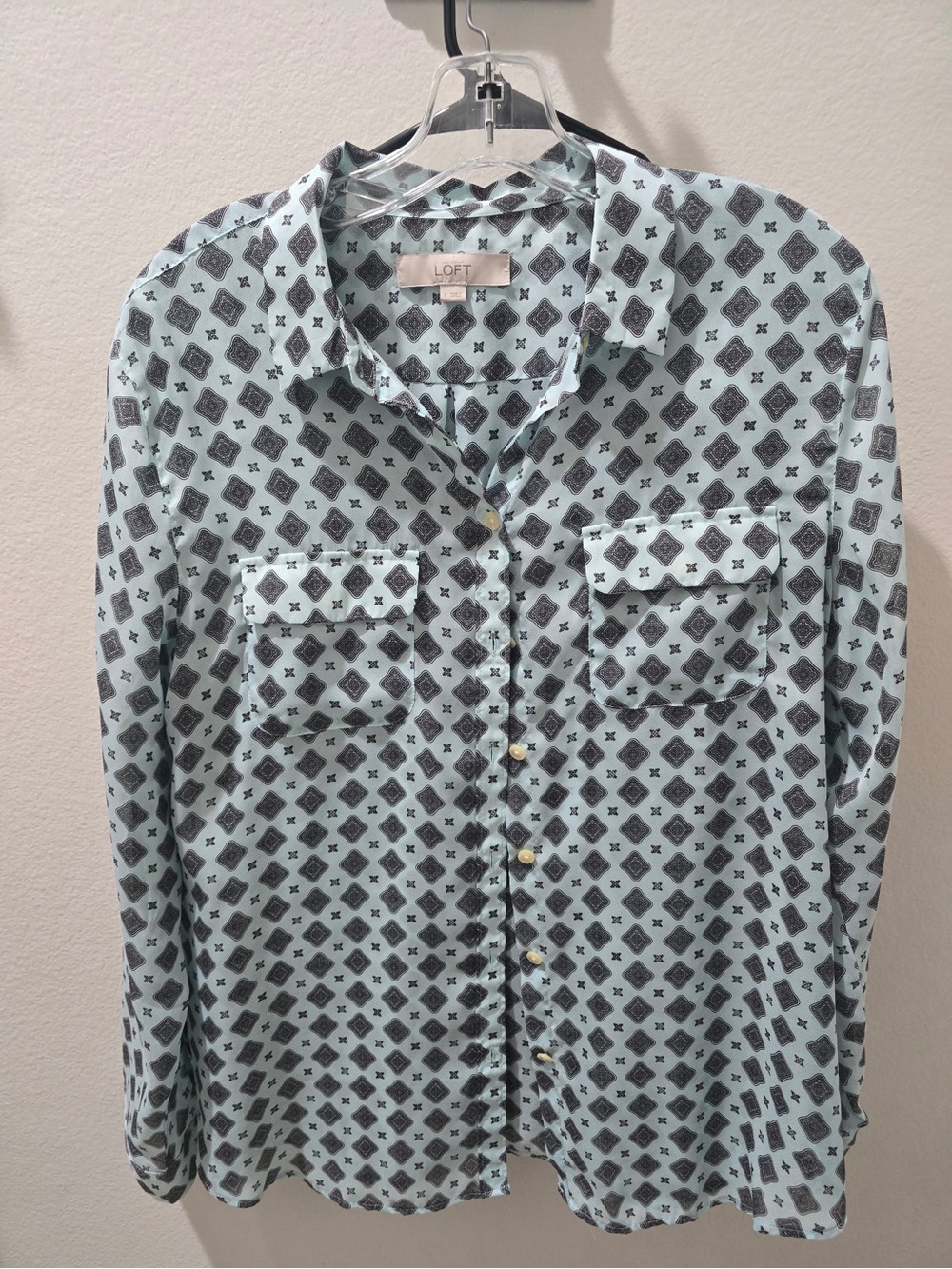 LOFT Light Blue Geometric Print Button-Down Shirt